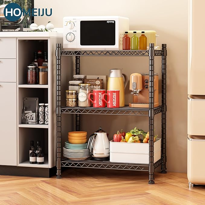 Homeiju 3-Shelf Storage Rack,Adjustable Height Metal Shelving Unit,Heavy Duty Storage Shelving Unit,Wire Rack Shelving,Garage Organizer for Home,Kitchen,Office,Pantry,Garage(13.5"D x 23.4"W x 31"H)