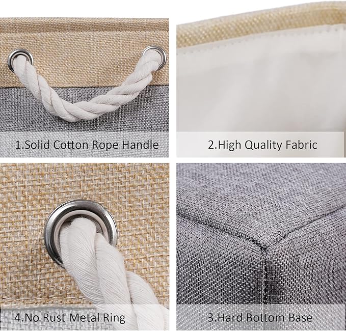 Fabric Storage Basket Set of 3, Foldable Linen Storage Box for Nursery and Home, Collapsible Canvas Shelf Basket for Wardrobe or Bedroom, Grey and Beige