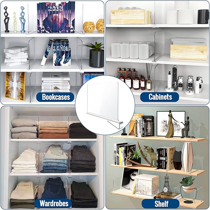 12 Pack Clear Acrylic Shelf Dividers for Closet Shelf Organizer of Bedroom Kitchen Office Bathroom Organizer for Clothes Books Hats and Handbags-NeatNest
