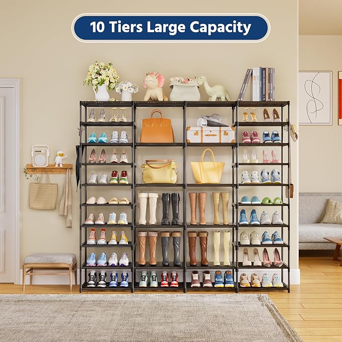 Shoe Rack Large Capacity 4 Rows 10 Tier for 60-64 Pairs, Space Saving Shoes Sturdy DIY Storage Organizer Shelf for Entryway, Garage, Closet, Bedroom, Black-NeatNest