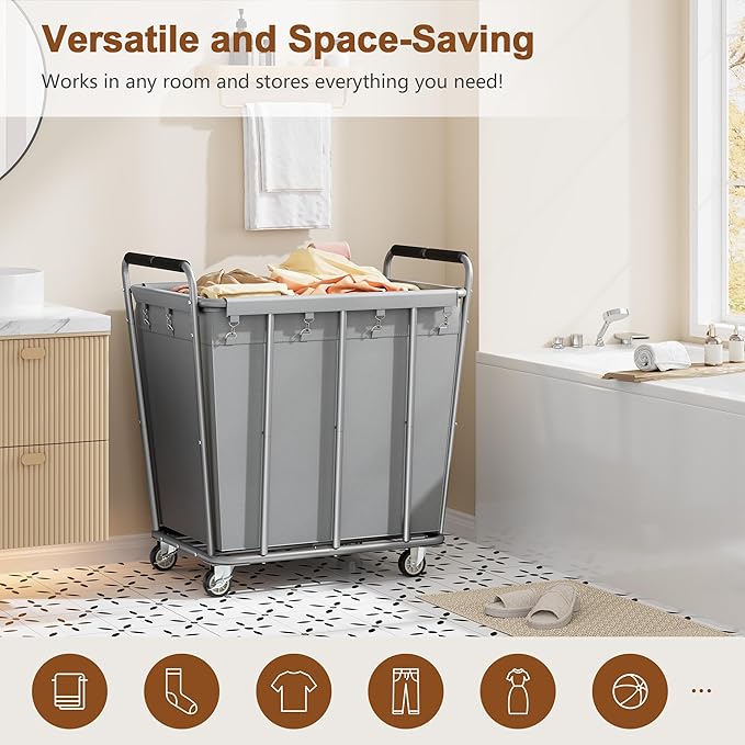 Hoctieon Large Laundry Cart with Wheels, 400L Heavy Duty Laundry Basket Organizer, Rolling Hamper Sorter for Clothes Storage, Industrial Dirty Clothes Hamper for Home & Hotel, Gray-NeatNest