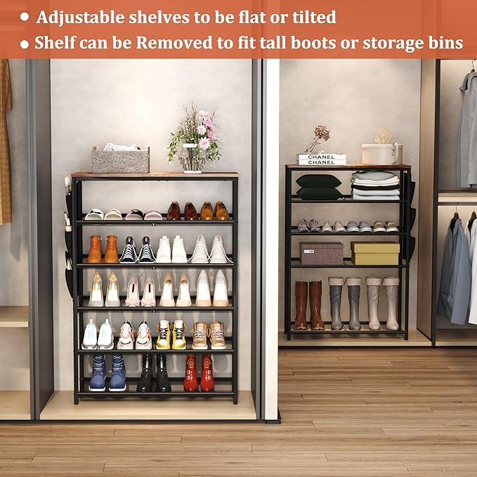 HOMEFORT 6 Tiers Shoe Rack for Entryway,30" Shoe Storage Shelf for Closet, Shoe Organizer with Adjustable Mesh Shelves, for 18-24 Pairs of Shoes, Industrial Shoe Stand with Side Pocket,Rustic Brown-NeatNest