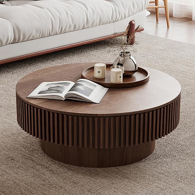 31.5'' Round Coffee Table for Living Room Circle Coffee Table with Storage Mid Century Modern Fluted Coffee Tables with Pedestal Center Tables Accent Tea Table for Apartment, Walnut