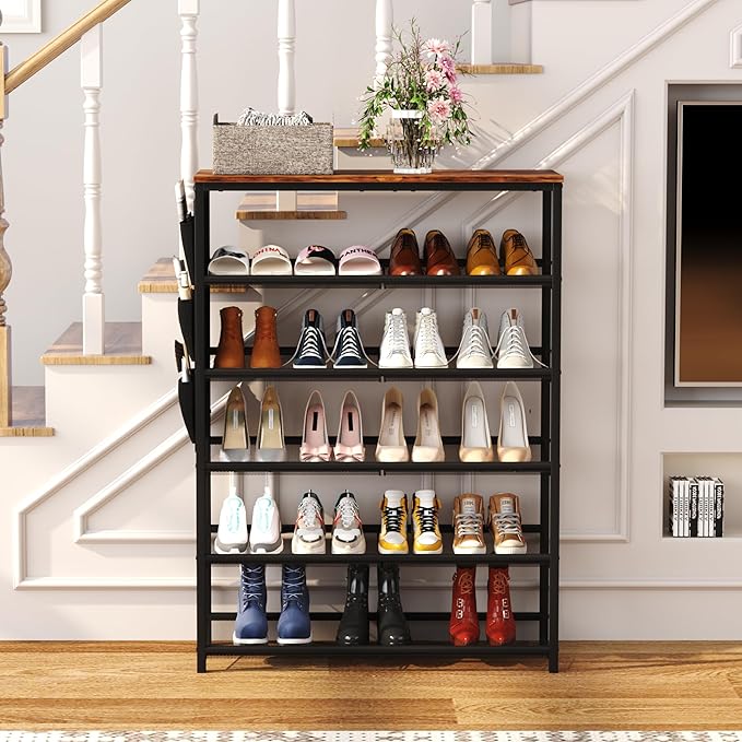 HOMEFORT 6 Tiers Shoe Rack for Entryway,30" Shoe Storage Shelf for Closet, Shoe Organizer with Adjustable Mesh Shelves, for 18-24 Pairs of Shoes, Industrial Shoe Stand with Side Pocket,Rustic Brown-NeatNest