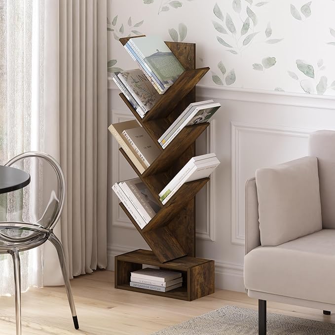 Furinno Tree Bookshelf 7-Tier Floor Standing Tree Bookcase with Bottom Shelf, Amber Pine