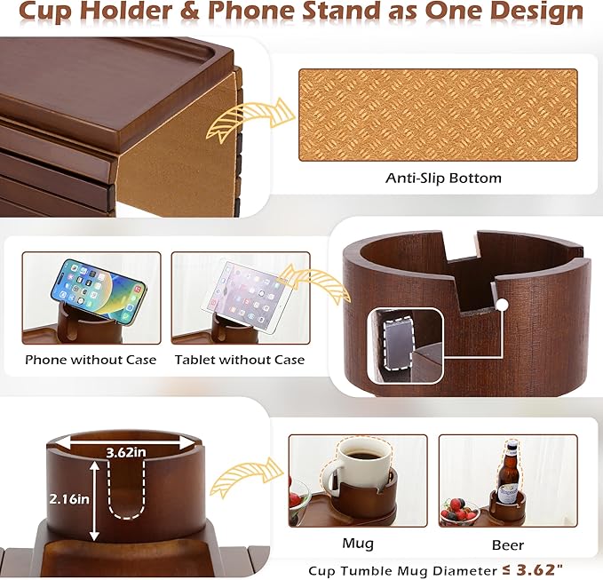 Couch Cup Holder Tray, 15.75" Bamboo Cup Holder for Couch, 3 in 1 Foldable Arm Chair Clip on Side Tray Table for Remote Snack Table on Armrest-NeatNest