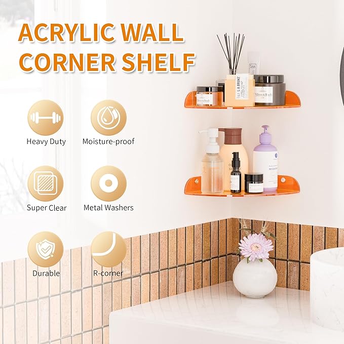 7x7 Inch Corner Shelf Wall Mount Set of 2, Orange Acrylic Corner Floating Shelves, Corner Wall Organizer Shelf for Bathroom, Kitchen, Bedroom, Living Room, Dining Room, Office