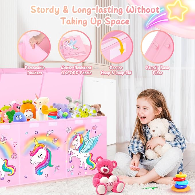 Extra Large Toy Chest, Collapsible Sturdy Toy Storage Organizer with Lids, 40"X14"X16" Large Kids Toybox Storage Bins Baskets for Girls, Boys, Nursery, Playroom, Pink