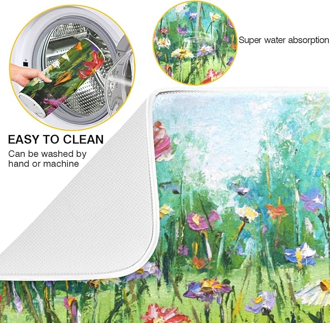Absorbent Dish Drying Mat for Kitchen Counter - Oil Painting Flowers Microfiber Drying Pad, Reversible Drainer Mats for Countertop, Small 16" x 18"