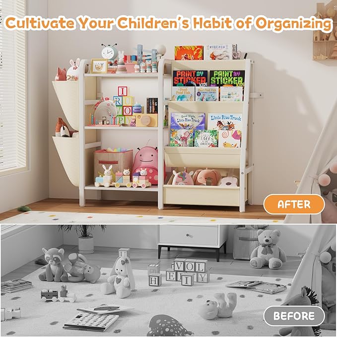 B3 Kids Bookshelf and Toy Storage, Book Shelf for Kids Rooms, Toddler Bookshelf for Small Spaces, 3-Tier Sling Montessori Baby Bookcase for Nursery, Bedroom, Playroom, White