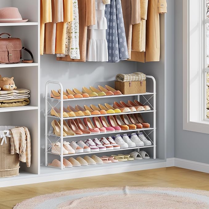 Hoctieon 4 Tier Mesh Style Shoe Rack, Entryway Shoe Shelf, Shoe Storage Organizer, Shoe Rack for Closet, Space Save for Bathroom, Garage, Hallway, Bedroom, Living Room, White-NeatNest