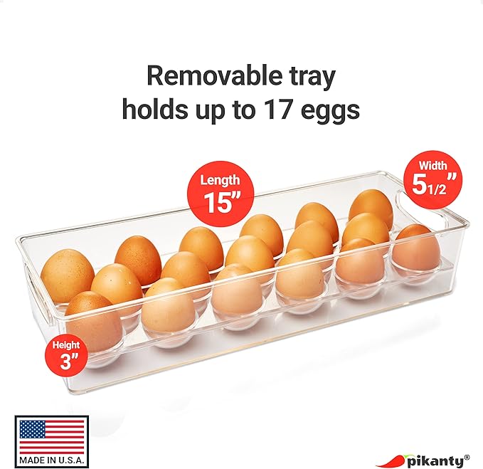 Egg Holder and Fridge Organizer | Clear Food-Grade Plastic Refrigerator Egg Storage Container | Holds Up to 17 Eggs | Dishwasher Safe, Heat and Freezer Resistant | Made in USA