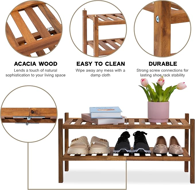 Natural Acacia Wood 2-Tier Folding Shoe Rack – Space-Saving Wooden Shoe Organizer Shelf for Entryway, Hallway, Mudroom, or Closet – Compact Indoor Storage for Footwear & More-NeatNest