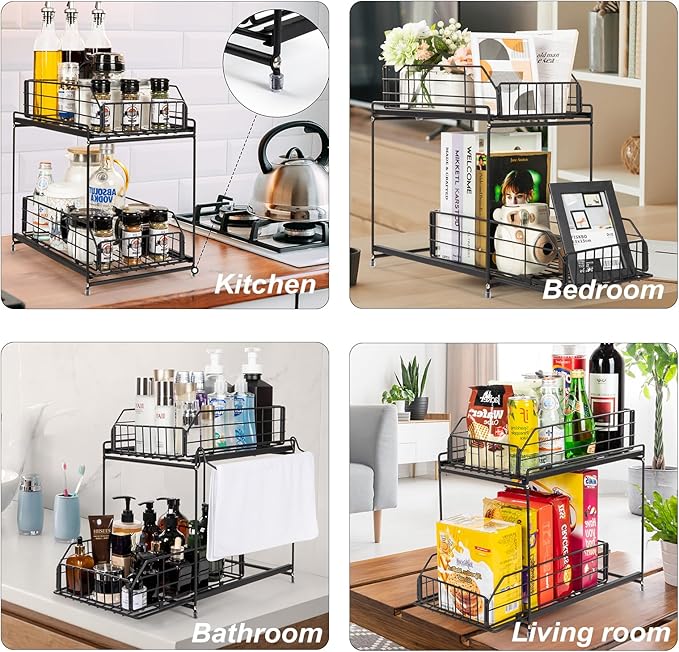 SUEH DESIGN Under Sink Organizer, 2 Tier Bathroom Cabinet Organizer Metal Kitchen Sink Organzier with Hanging Rail for Kitchen Bathroom Organization and Storage, 1 Pack-NeatNest