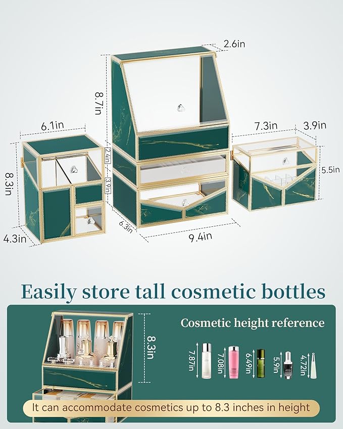 Extra Large Makeup Organizer, Glass Cosmetic Storage with Drawers, Stackable Makeup and Jewelry Organizer for Vanity Table, Bathroom Countertop, Skincare, Lipsticks, Perfume, Brushes