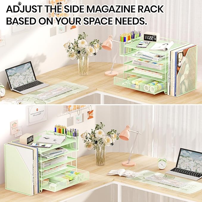 Desk Organizers and Accessories, 5-Tier Paper File Organizer with Drawer & Pen Holder, Office Desk Accessories Workspace Desktop Organizer for Office Supplies((Green)-NeatNest