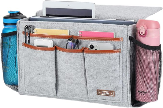 Bedside Caddy, Large Size Bedside Storage Organizer Bedside Organizer Caddy for Magazine Remotes Phone (13.4'' x 18.1'' Plus Size, Light Grey)-NeatNest