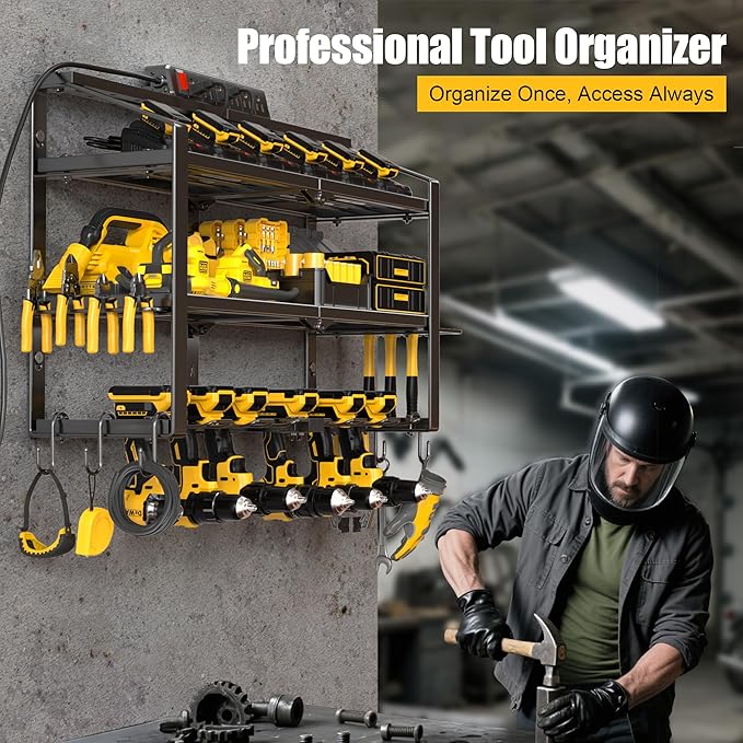 Heavy Duty Power Tool Organizer Wall Mount, 3 Layers Storage Rack with 6 Cordless Drill Holders, Garage Tool Organizer Storage for Workshop Shed, Charging Station Shelf, Father/Men Gifts
