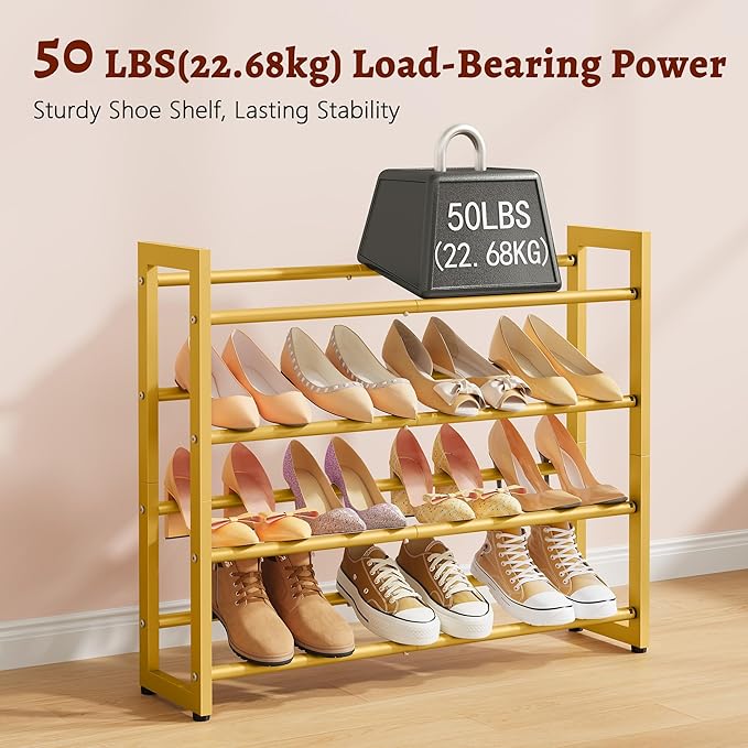 FAVOOSTY 4-Tier Expandable Shoe Rack, Adjustable Shoe Shelf Storage Organizer Space Saving Metal Free Standing Shoe Rack for Entryway Closet Doorway, Gold-NeatNest