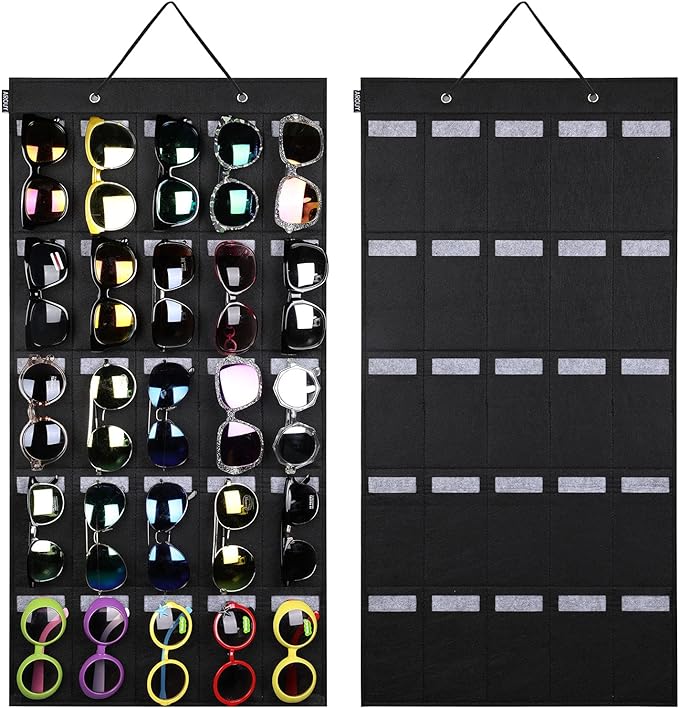 AROUY Sunglasses Organizer Storage, Hanging Wall Pocket Glasses Organizer - 25 Felt Slots Sunglass Organizer Holder Eyeglass Display with Sturdy Rope (Black, Large)-NeatNest