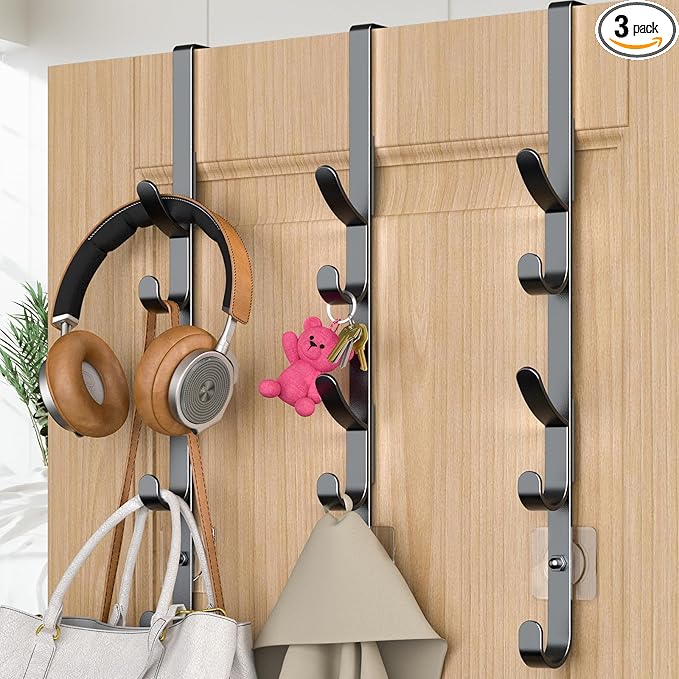 Over The Door Hooks, Metal Door Hooks for Hanging, Over The Door Purse Organizer for Coat Hanger, Back of Shower Door for Hanging Towel Rack Clothes, Hat, Bathroom, Closet (Black-3Packs)
