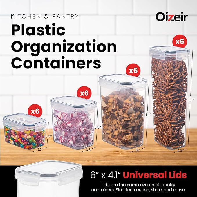 Airtight Food Storage Containers Set - Air Tight Pantry Storage Containers with Lids - Pasta Flour Sugar Cereal Containers - Storage Containers for Food - Kitchen Storage Container (Clear-24 Pack)