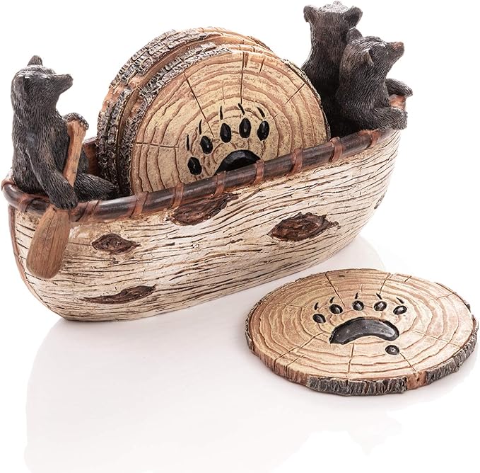 Bear Coasters Set of 6 Full Size Rustic Coasters in Handmade Canoe with Adorable Black Bear Figurines | Black Bear Log Cabin Decorations, Rustic Lodge Decor for The Home-NeatNest