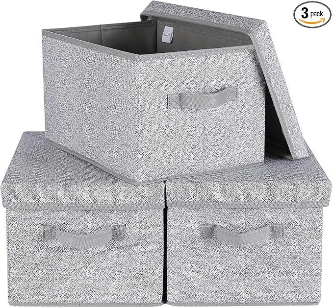 WUIKE Foldable Storage Bins with Lids, Storage Boxes with Handles, Closet Shelf Organizer, Fabric Storage Baskets for Bedroom, Decorative Storage Containers, Large, Ash Gray, 3-Pack-NeatNest
