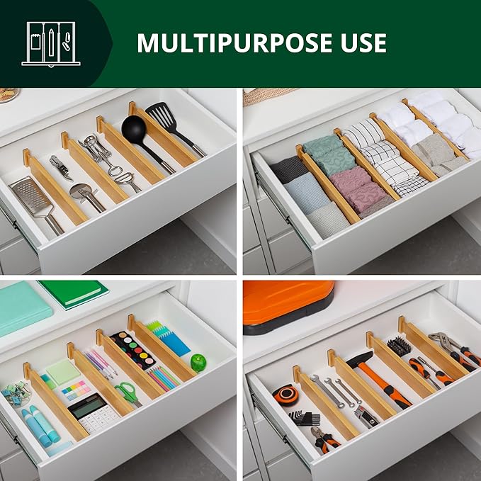 Drawer Divider and Organizer for Kitchen Organization - Adjustable Bamboo Drawer Dividers Organizers (17 - 22") - 4-Pack Expandable Drawer Organization Separators for Kitchen, Bedroom & More, Natural-NeatNest