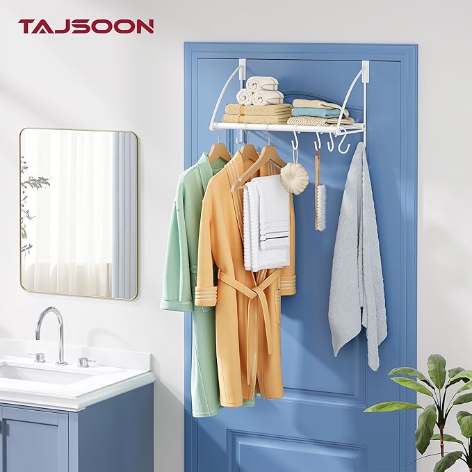 Tajsoon Over The Door Hanger with Storage Rack and 6 Hooks, Over The Door Clothes Rack for Hanging Towel & Coat, Over The Door Clothes Drying Racks for Bathroom, Bedroom, Living Room, White