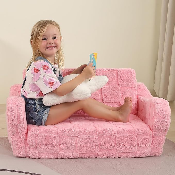 Extra Wider Seating Toddler Couch, 2-in-1 Toddler Soft Couch Fold Out with Star Pillow, Convertible Sofa to Lounger for Girls and Boys, Pink Heart-NeatNest