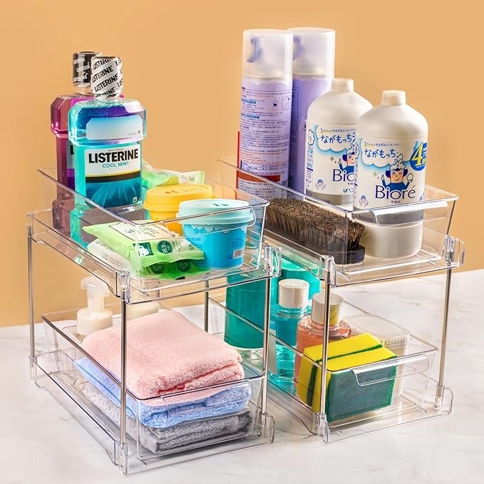 1Pack 2-Tier Bathroom Storage Organizer, Clear Under Sink Organizers Kitchen Vanity Counter Storage Container, Medicine Cabinet Drawers Bins, Pull-Out Organization with Track for Pantry-NeatNest