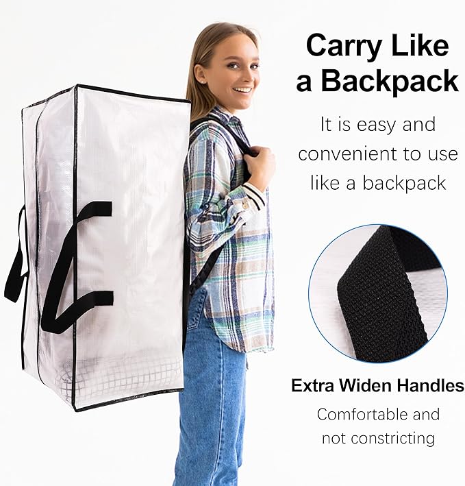 12 Pack Heavy Duty Large Moving Bags W/Backpack Straps - Strong Handles & Zippers, Storage Totes, Fold Flat, Alternative to Moving Box and Storage Bin, Semi-Transparent+Blue+Black