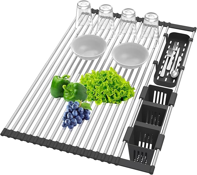 Extra Large Black Expandable Roll Up Dish Drying Rack Up to 22.8''with 2 Storage Baskets,Over The Sink Kitchen Rolling up Dish Drainer Dish Drying Rack in Sink, Foldable,Rollable,for Kitchen Dishes