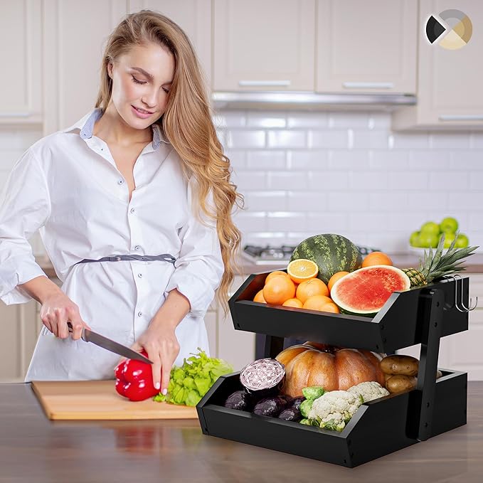 Bamboo 2 Tier Fruit Basket for Kitchen Counter, Large Capacity Fruit Storage Countertop, Fruit Holder, Wood Pantry Organizers and Storage, Kitchen Countertop Organizer With Two Banana Hangers (Black)