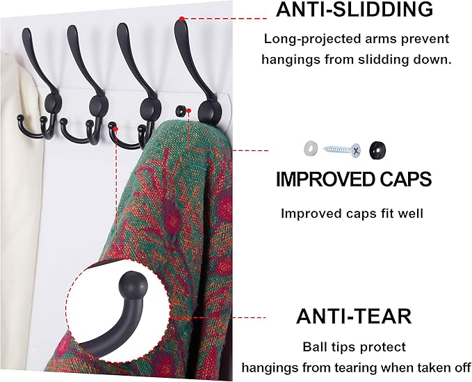 Dseap Wall Mounted Coat Rack - 5 Tri Hooks, Heavy Duty, Stainless Steel, Metal Coat Hook Rail for Coat Hat Towel Purse Robes Mudroom Bathroom Entryway,White & Black-NeatNest