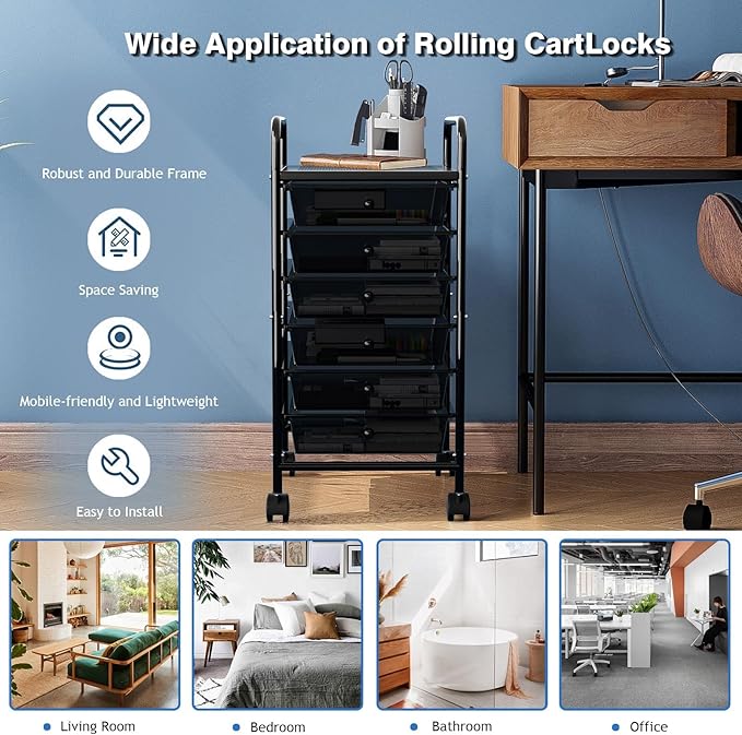 Rolling Cart with Drawers, 6-Tier Rolling Storage Cart with Drawers, Rolling Utility Cart with 6 Drawers with 2 Lockable Caster Wheels for Office Bathroom Kitchen, Transparent Black