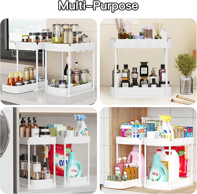2 Pack Multi-Purpose Pull-Out Storage Organizers, Under Sink & Cabinet Storage, 12.8 Inch, White-NeatNest