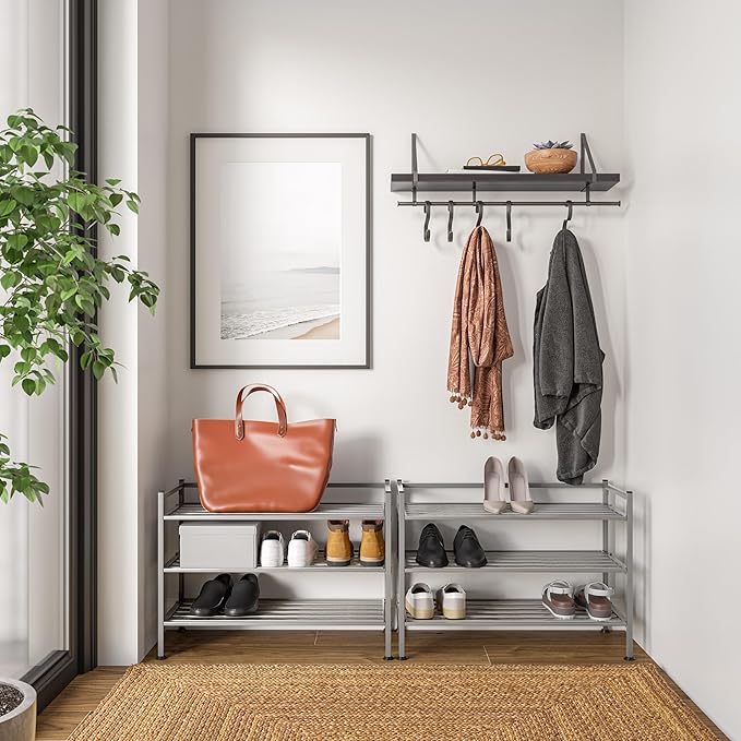 Seville Classics Sturdy Freestanding Storage Shelf for Bedroom, Closet, Entryway, Dorm Room Organizer Stackable Durable Metal Shoe Rack Silver Mist Slat, 3-Tier-NeatNest