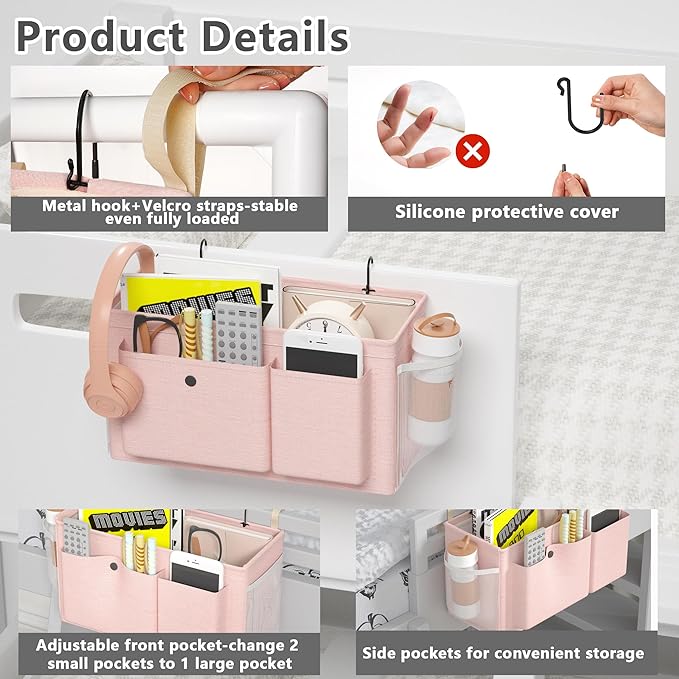 Bedside Caddy Bedside Organizer with Fixed Straps & Water Bottle Holder, Bunk Bed Caddy ideal for Home, Dorm, Hospital, Crib, Versatile Bedside Storage Solution (Pink 2pcs)-NeatNest