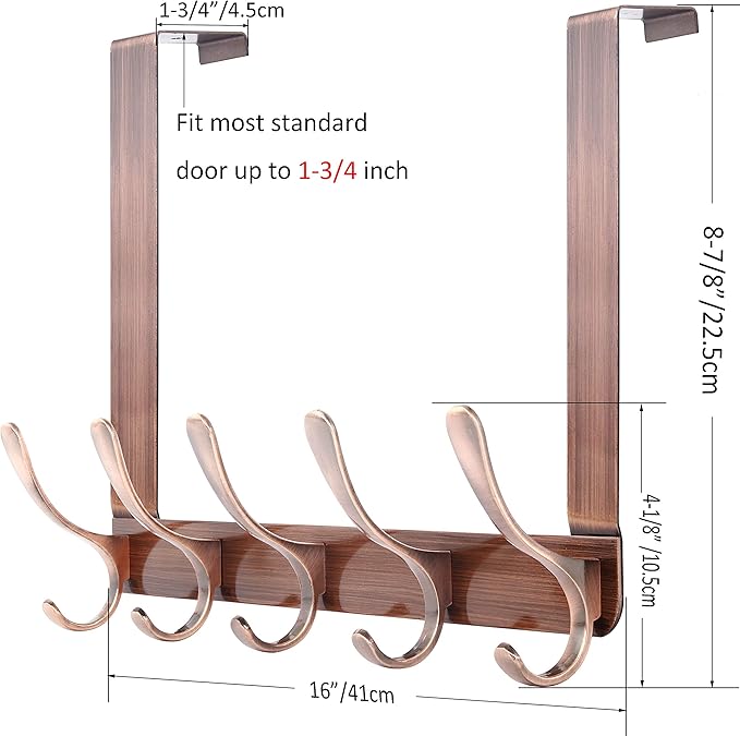 WEBI Over The Door Hook 5 Coat Hooks,Over The Door Towel Rack,Door Hanger Over Door Coat Rack for Hanging Clothes,Towels,Back of Bathroom,Antique Copper