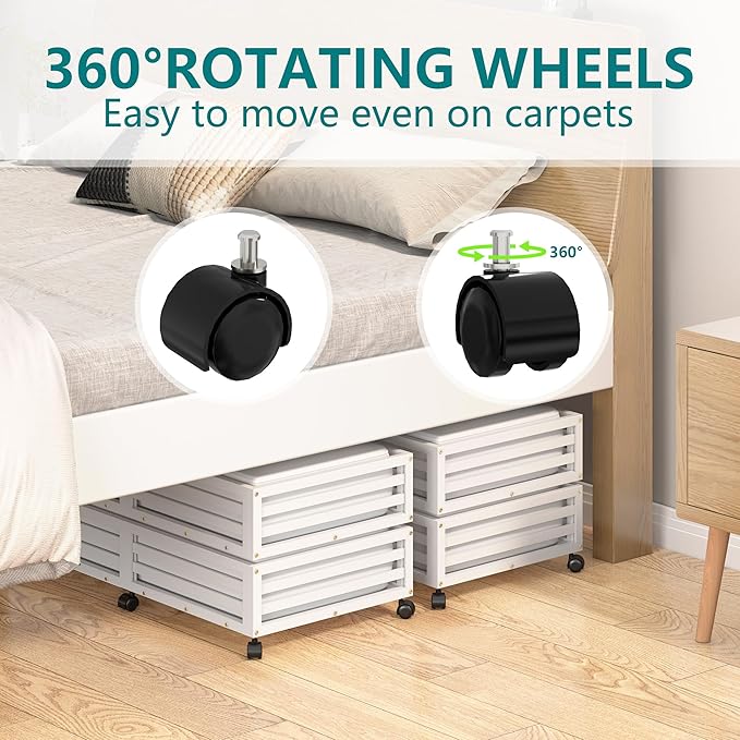 Bamboo Under Bed Storage Containers- Underbed Organizer with Wheels with Large Capacity Dust Bag,Sturdy Wood Rolling Under Bed Shoe Storage Organizer 2 Packs (White, 2 Packs (33.07"×16.54"))-NeatNest
