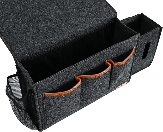 Bedside Caddy, Large Size Storage Organizer - Bedside Organizer for Magazine, Remotes, Phone (13.4'' x 18.1'' Tissue Box Holder, Dark Grey)-NeatNest