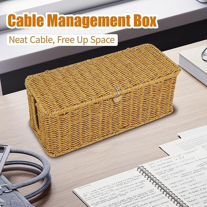 Cable Management Box, Upgrade 2PCS Large & Extra Large Cable Organizer Box, Handmade Rattan Floor Cord Covers with 4 Open Slots, Cord Box Hider for Power Strips, Wires Storage