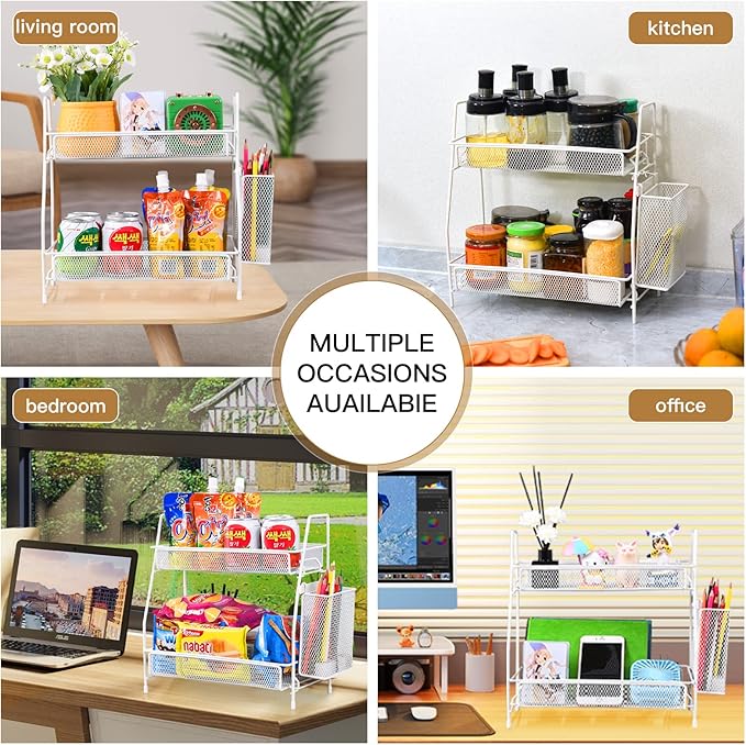 LEMIKKLE Countertop organizer for bathroom counter, bathroom organizers and storage, spice rack organizer for kitchen counter shelf with small basket(White)-NeatNest
