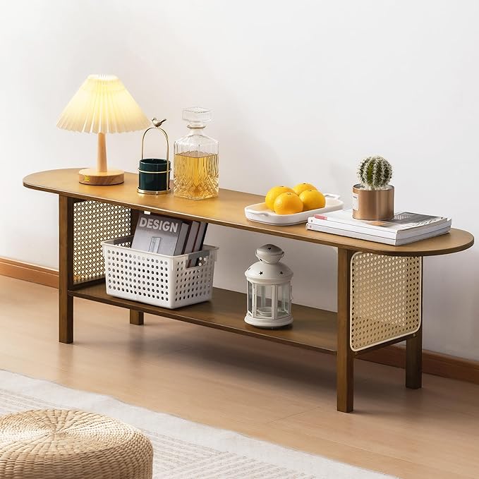 Bamboo TV Stand for TVs up to 65", Accent Entertainment Center with Storage, Media Console Table with Rattan, Modern TV Stand for Living Room, Bedroom, 55"(L), Walnut-NeatNest