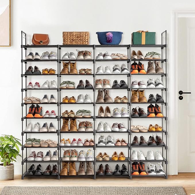 10-Tier Tall Shoe Rack - Free Standing Large Metal Closet Storage Shelves - Stackable Shoe Stand with Hooks for Bedroom Entryway - Holds 80 Pairs - Black-NeatNest