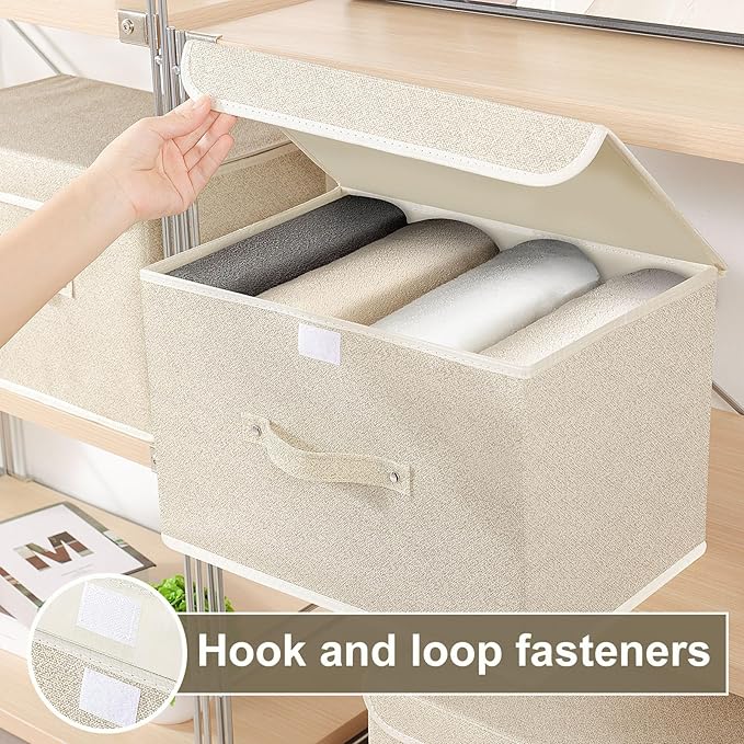 Fabric Storage Bins Cube Organizers with Flip-Top Lid and Handles,Storage Boxes for Organizing Home,Office,and Closet,Grey and Beige,3 Pack 15 x 9.8 x 9.8 in-NeatNest
