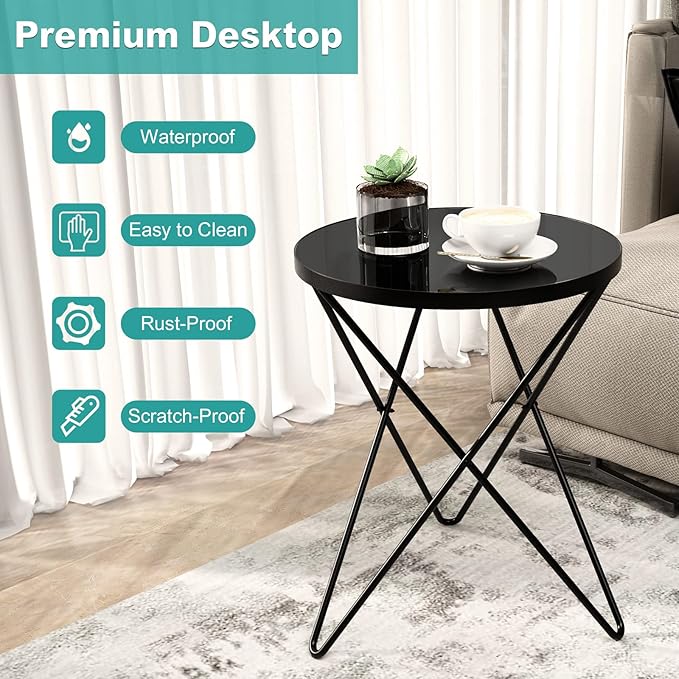 HLR Modern Round Side Table, End Table with Marble Effect Top and Gold Metal Frame, Small Side Table for Living Room, Bedroom, Sofa and Couch, Black Legs, Black Glass top