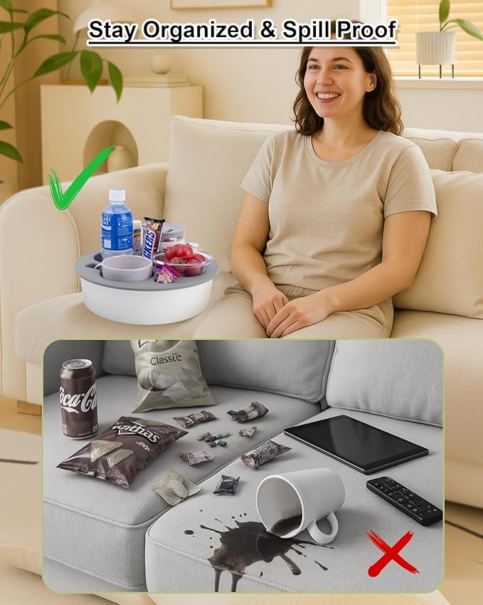 Round 7-in-1 Bed & Couch Cup Holder Tray,Waterproof Silicone Sofa and Bed Organizer Caddy,Large Capacity Couch Drink Holder Caddy for Remote Control Drinks, Snacks, Cell Phones, Headphones-NeatNest